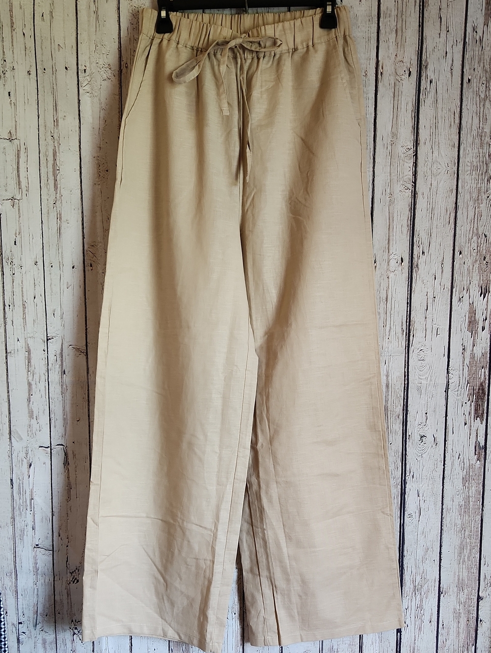 Zylioo Tall Linen Cotton Wide Leg Pants Beige Tan Elastic Waist Small TALL